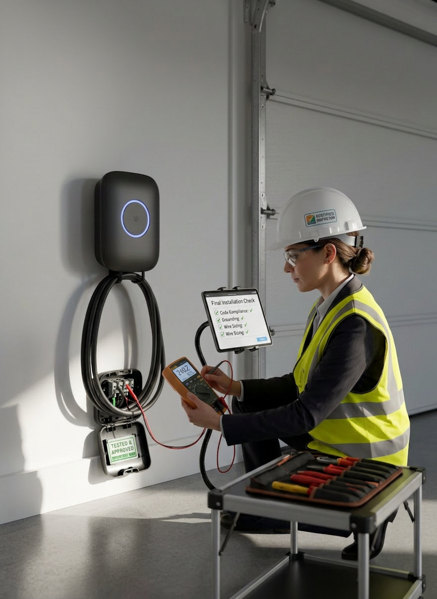EV charger A sleek, wall-mounted Level 2 EV charger with a smooth matte charcoal housing, subtle LED status ring glowing soft blue, and a neatly coiled thick black charging cable resting on an integrated hook. It is installed on a pristine white garage wall beside a closed modern sectional garage door. Early morning natural light filters in from an unseen side window, casting gentle, elongated shadows and subtle reflections on the polished concrete floor. Photographic realism, eye-level composition with slight three-quarter angle, sharp focus on the charger while the background softens into a mild bokeh. The mood is clean, professional, and trustworthy, emphasizing reliability and modern home convenience in a minimalist residential setting.