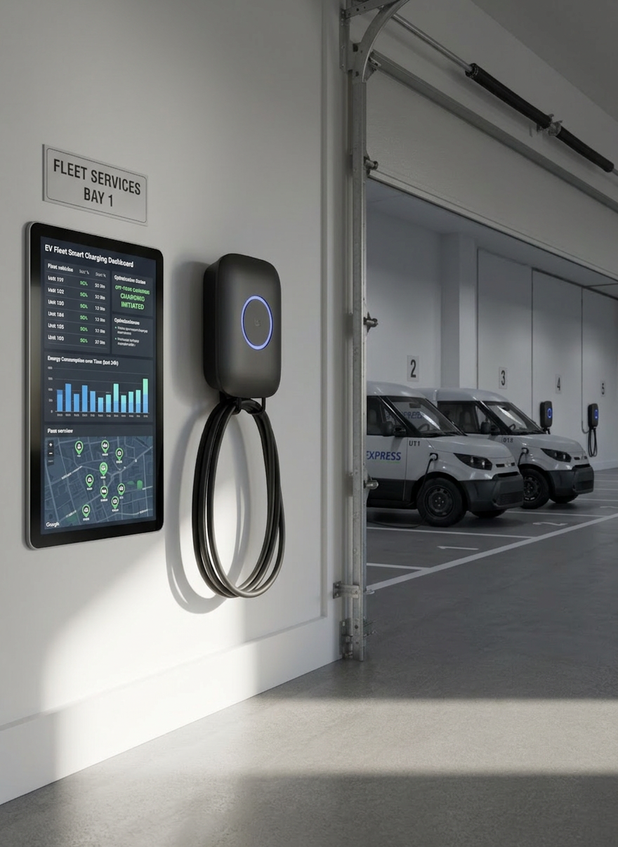 EV charger A sleek, wall-mounted Level 2 EV charger with a smooth matte charcoal housing, subtle LED status ring glowing soft blue, and a neatly coiled thick black charging cable resting on an integrated hook. It is installed on a pristine white garage wall beside a closed modern sectional garage door. Early morning natural light filters in from an unseen side window, casting gentle, elongated shadows and subtle reflections on the polished concrete floor. Photographic realism, eye-level composition with slight three-quarter angle, sharp focus on the charger while the background softens into a mild bokeh. The mood is clean, professional, and trustworthy, emphasizing reliability and modern home convenience in a minimalist residential setting.