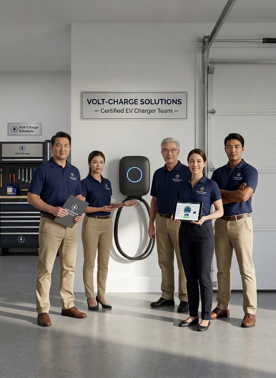 EV charger A sleek, wall-mounted Level 2 EV charger with a smooth matte charcoal housing, subtle LED status ring glowing soft blue, and a neatly coiled thick black charging cable resting on an integrated hook. It is installed on a pristine white garage wall beside a closed modern sectional garage door. Early morning natural light filters in from an unseen side window, casting gentle, elongated shadows and subtle reflections on the polished concrete floor. Photographic realism, eye-level composition with slight three-quarter angle, sharp focus on the charger while the background softens into a mild bokeh. The mood is clean, professional, and trustworthy, emphasizing reliability and modern home convenience in a minimalist residential setting.